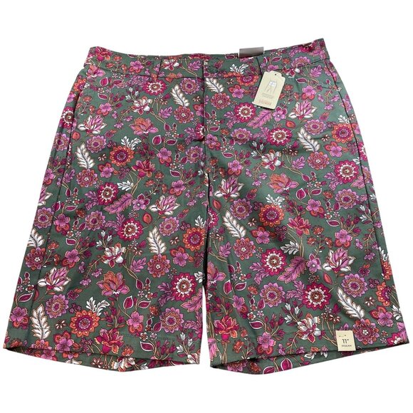 St John's Bay Womens Size 18 Bermuda Shorts Floral Green Midrise tummy control - Picture 1 of 12